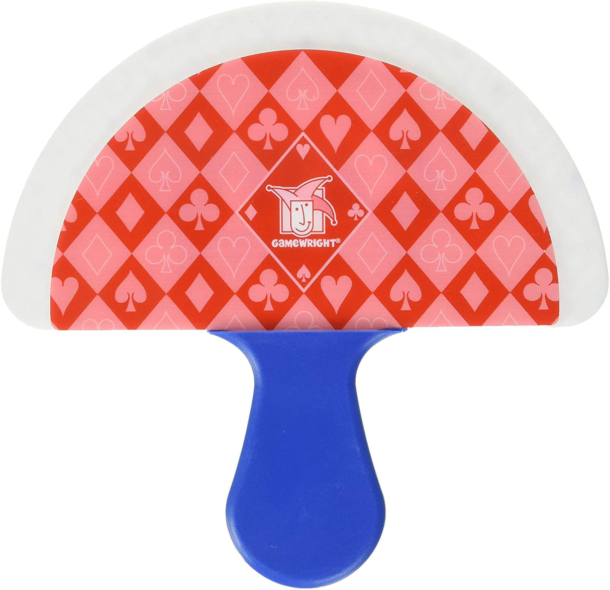 Little Hands Card Holder with blue handle and red patterned paddles for easy card game play and storage.