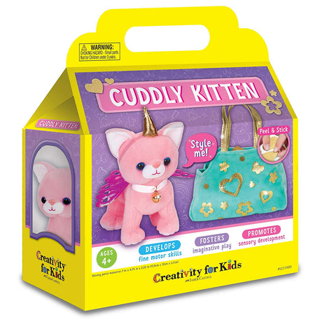 Cuddly Kitten plush toy with removable unicorn horn, butterfly wings, bell collar, and decorated pet carrier purse.