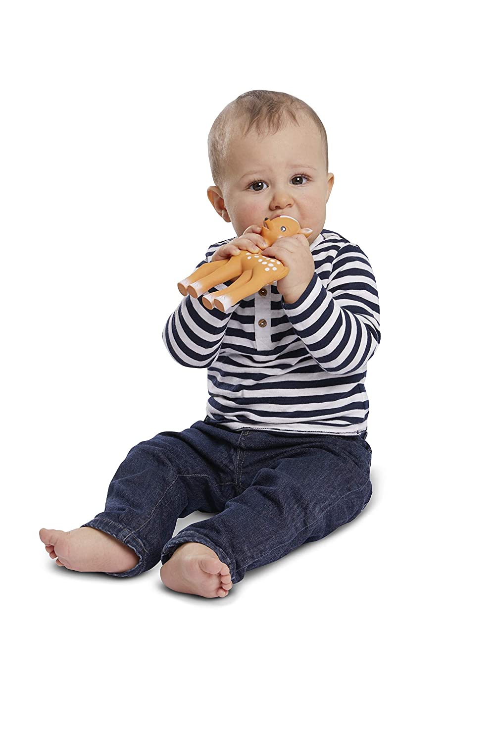 Baby chewing on FanFan the Fawn brown teether made from natural rubber, designed for soothing teething pain.