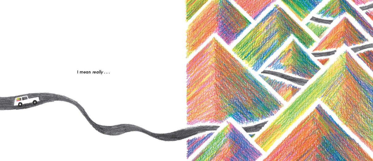 Have You Ever Seen a Flower? illustration showing a car driving toward colorful, textured mountains in a childlike drawing style.