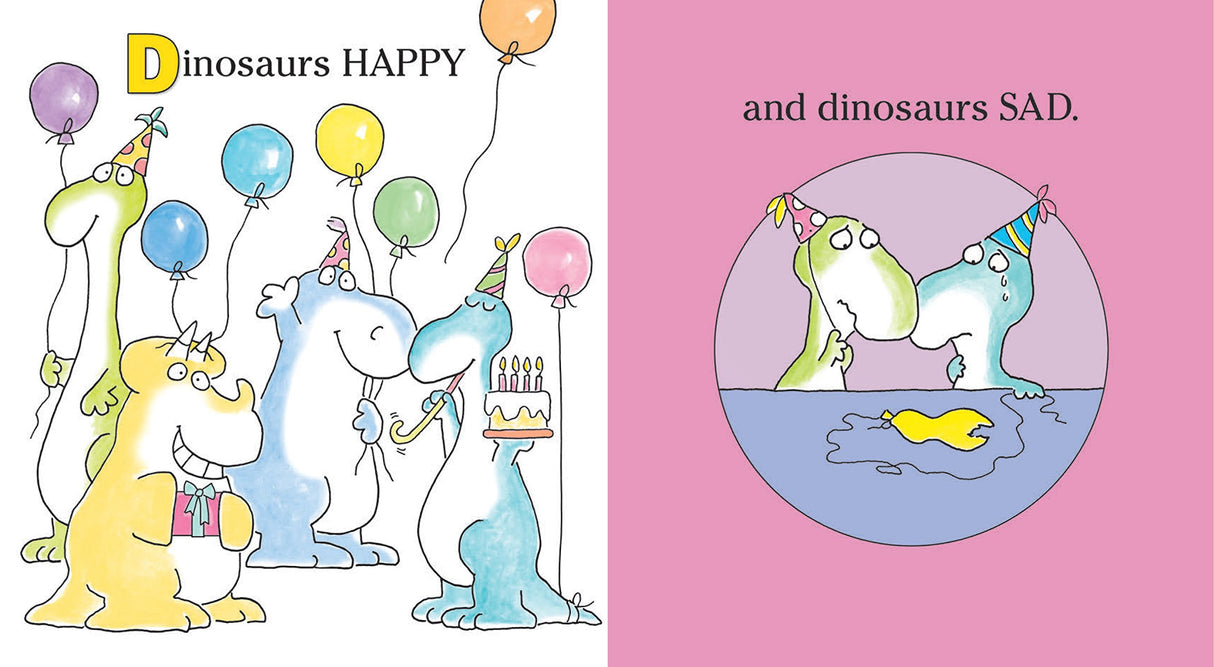 Oh My Dinosaurs showing happy dinosaurs with balloons and sad dinosaurs with spilled cake in colorful illustrations.