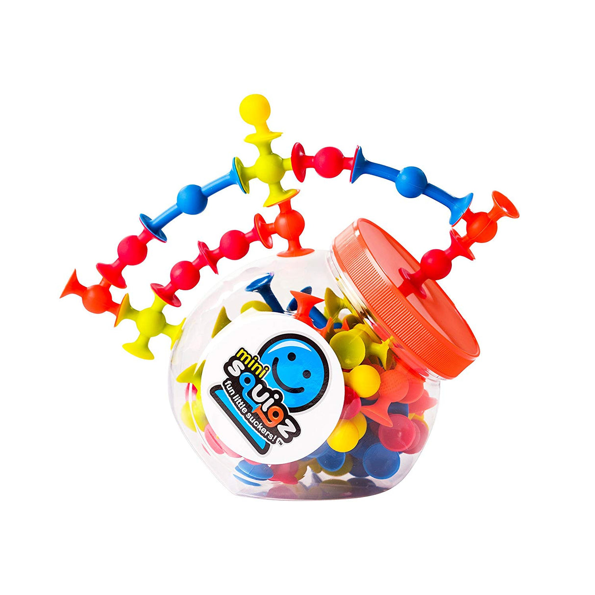 Mini Squigz colorful silicone suction building toys spilling from a jar, perfect for creative play and motor skills.