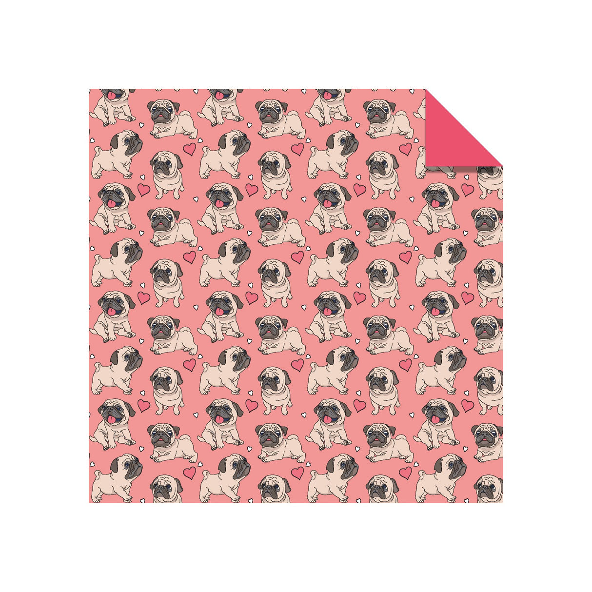 Origami Paper Dog Patterns sheet showing cute pug illustrations with hearts on pink background, double-sided color print.
