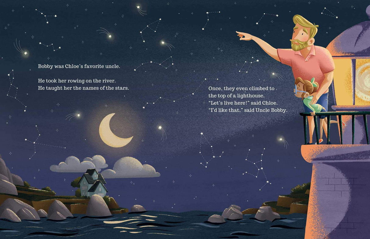 Illustration from Uncle Bobby's Wedding showing a man and child stargazing from a lighthouse balcony at night.