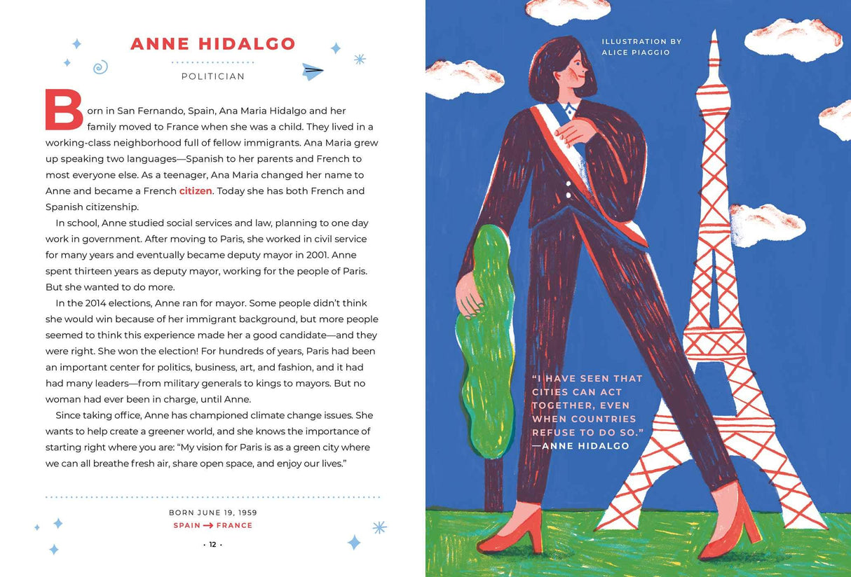 Good Night Stories for Rebel Girls: 100 Immigrant Women Who Changed the World book spread featuring Ana Hidalgo story and illustration