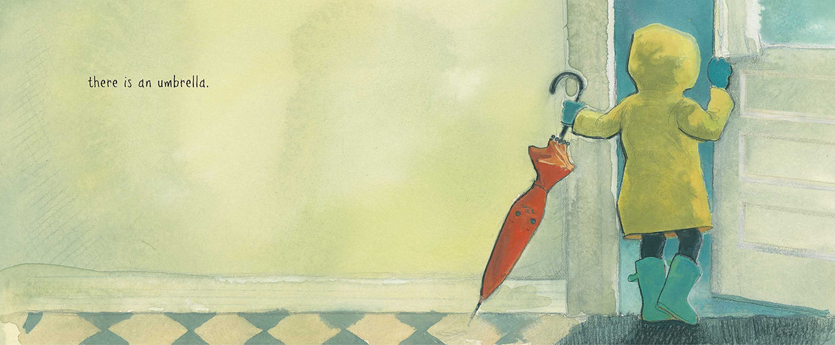 The Big Umbrella shows a child in raincoat holding a large red umbrella by the door in a welcoming scene.