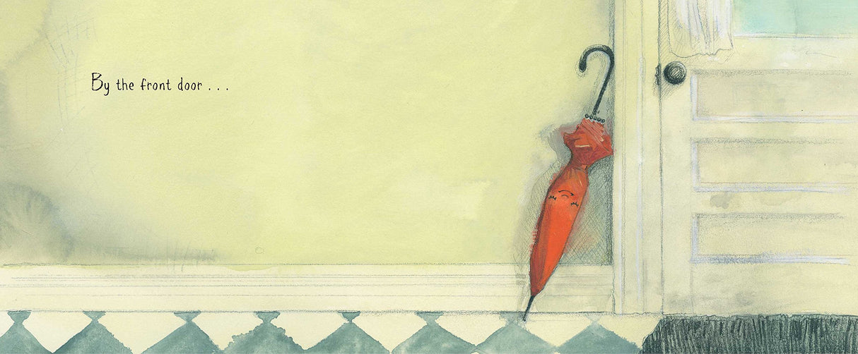 The Big Umbrella shows a large red umbrella leaning by the front door in a softly lit entryway.