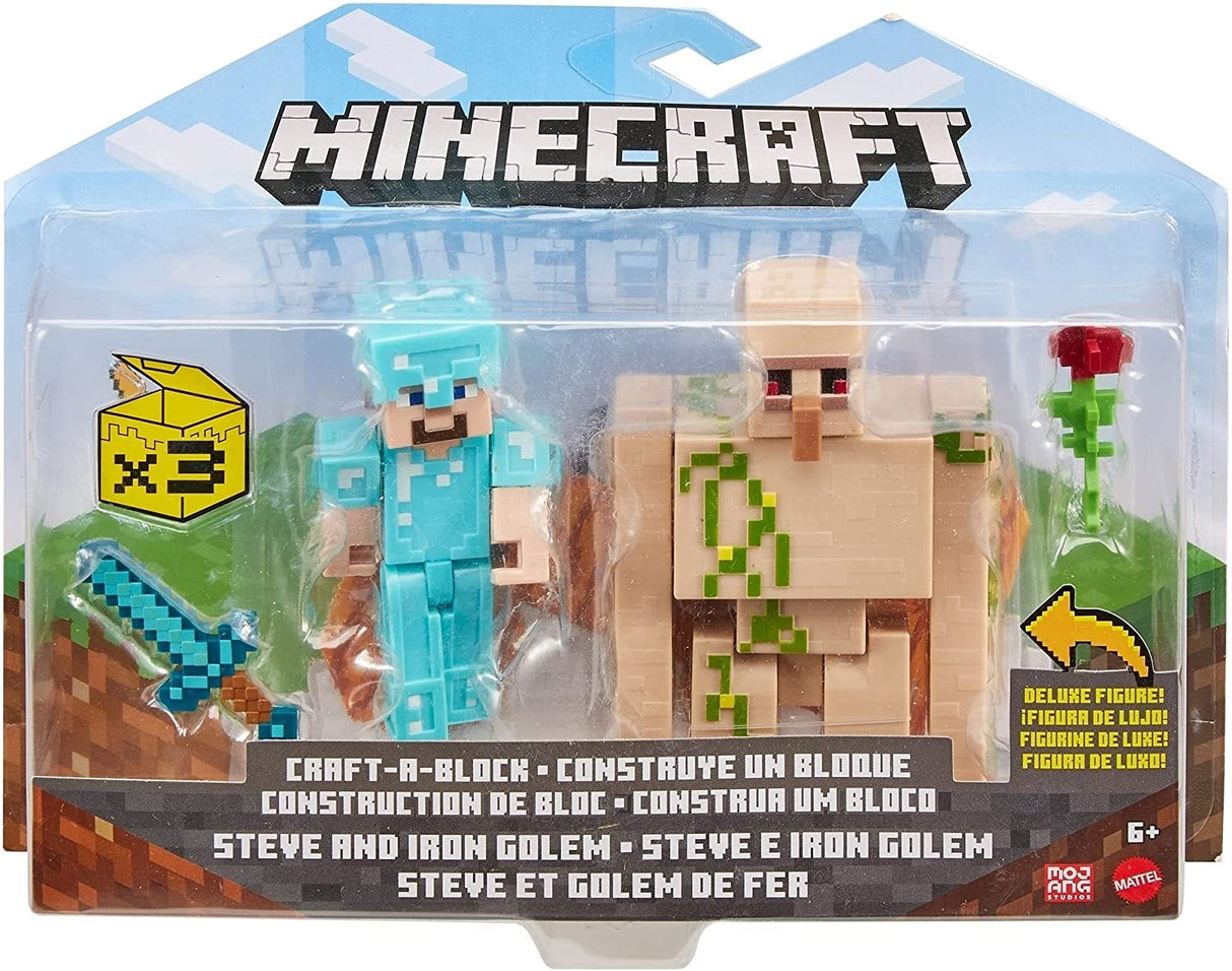 Minecraft Dungeons 2pk featuring Steve and Iron Golem figures with accessories for imaginative Minecraft play.