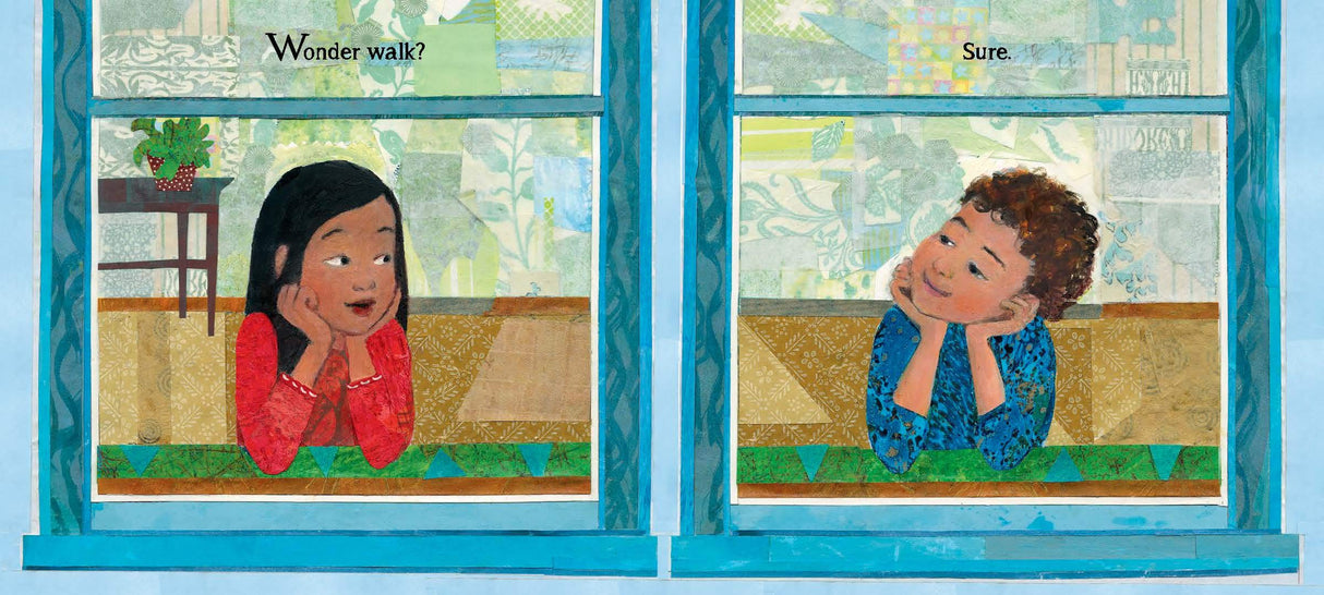 Wonder Walkers showing two curious kids imagining nature through a window in Micha Archer’s detailed collage style.