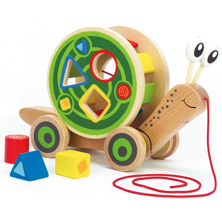 Pull Along Snail Sorter wooden toddler toy with removable shape sorter shell and colorful shapes for early learning.
