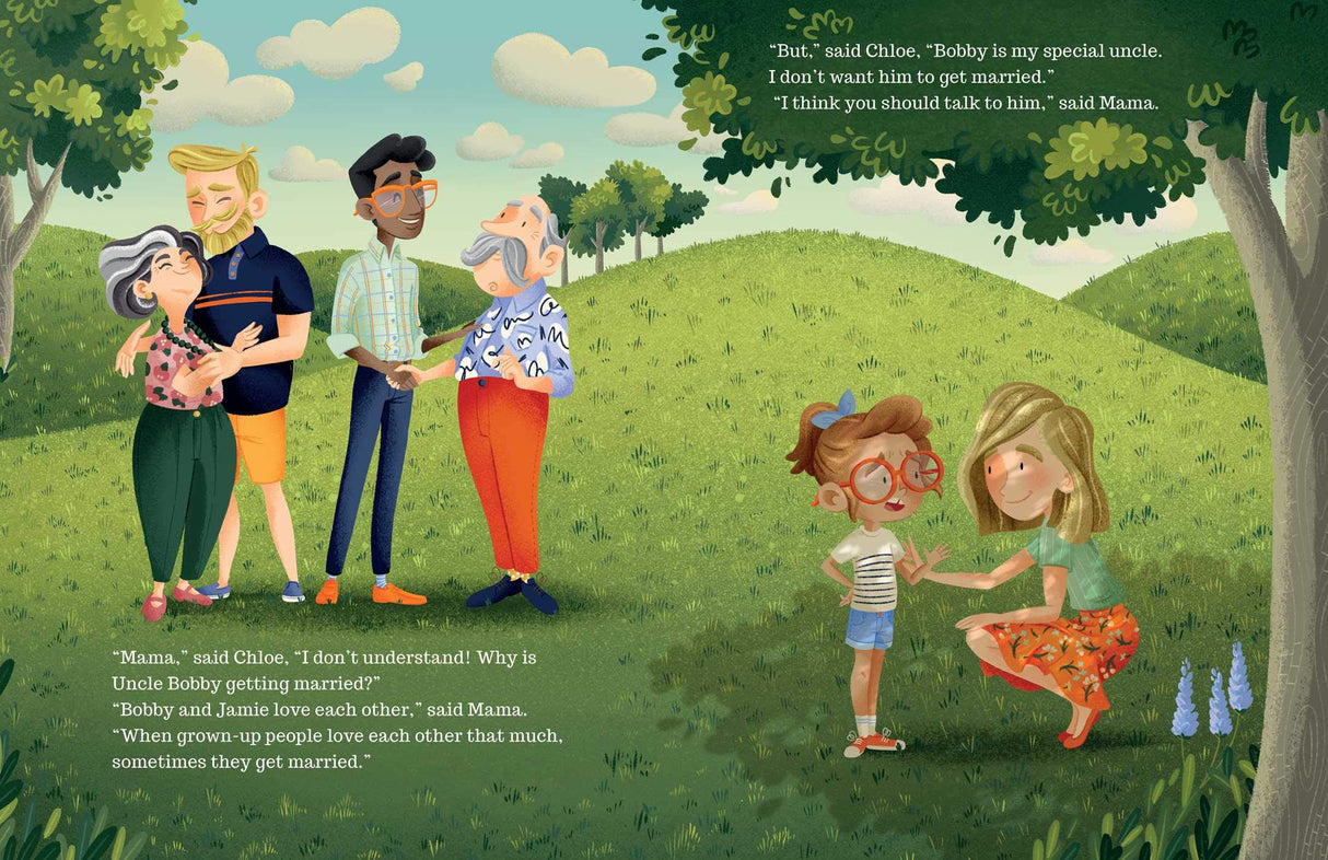 Illustration from Uncle Bobby's Wedding showing Chloe with family and her uncle Bobby with his boyfriend Jamie in a park setting.