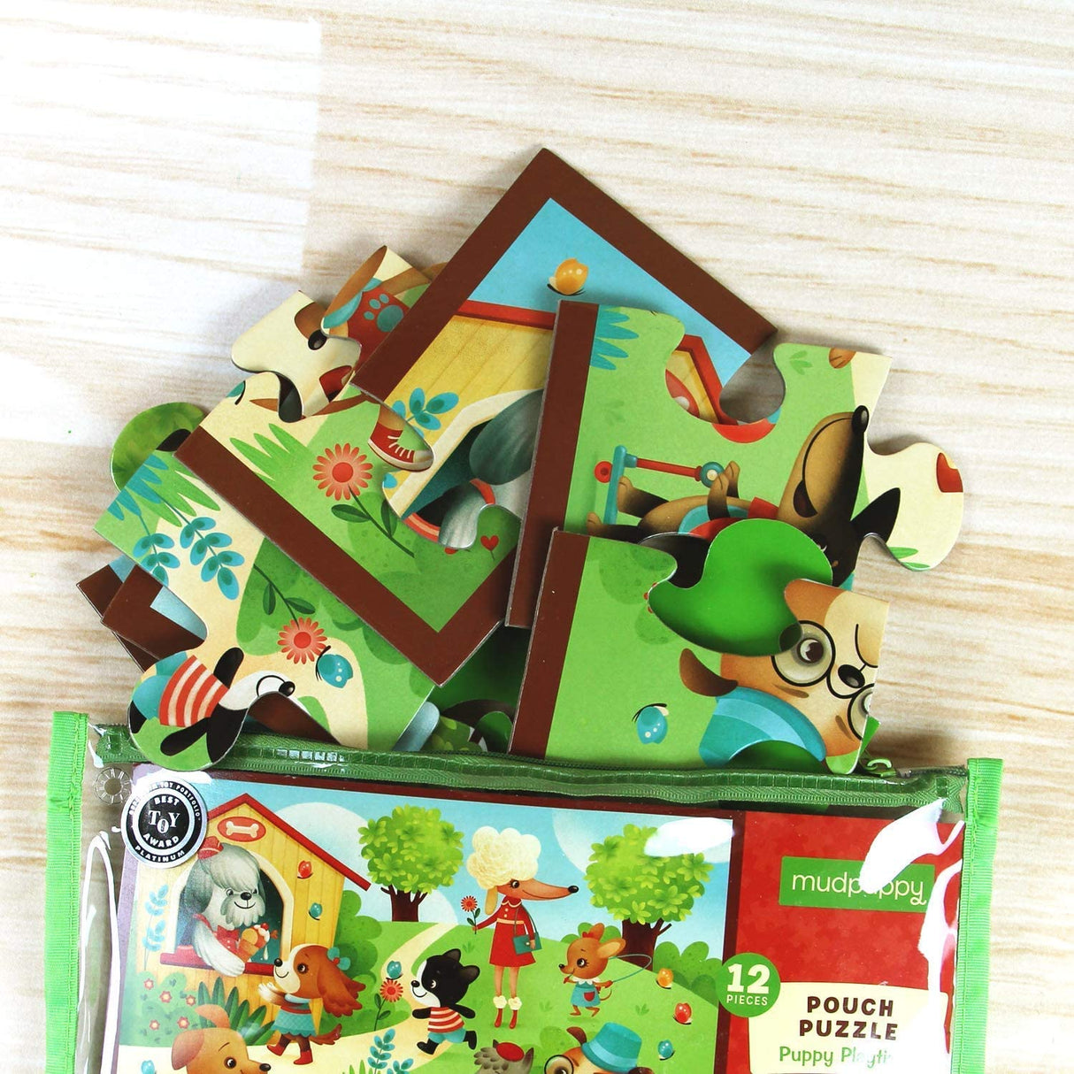 12pc Puppies Puzzle Pouch with large colorful pieces and reusable zipper pouch for toddlers 2-4 years old.