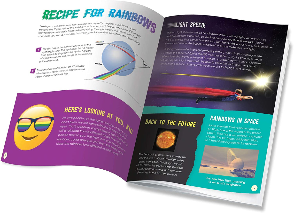 Open book from DIY Rainbow Catcher product showing colorful pages with educational rainbow facts and fun experiments.