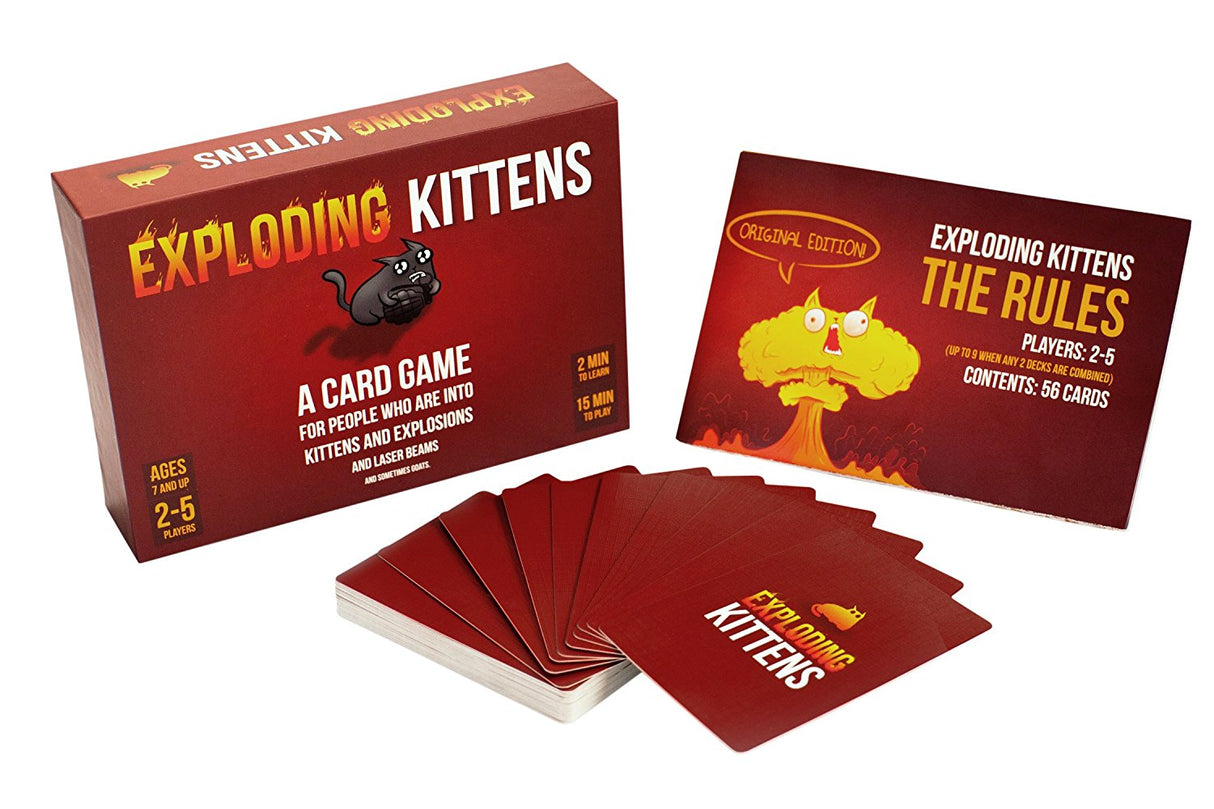 Exploding Kittens: Original Edition card game with box, rulebook, and fanned cards for 2-5 players, family-friendly strategy game.