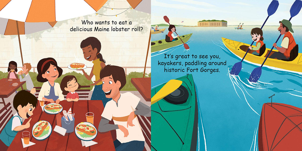 Good Night Portland Maine showing a family enjoying lobster rolls and kayakers paddling near historic Fort Gorges.