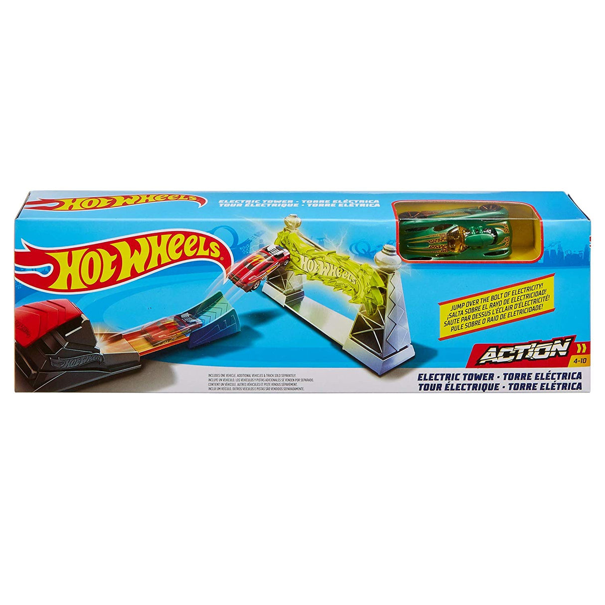 Hot Wheels Classic Stunts playset with electric tower, orange track, and one green Hot Wheels car for stunt action.