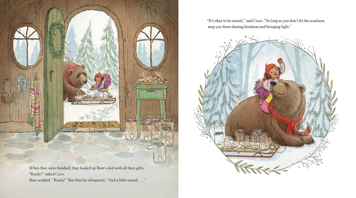Share Some Kindness, Bring Some Light showing Bear and Coco preparing gifts and spreading kindness in a snowy winter scene.