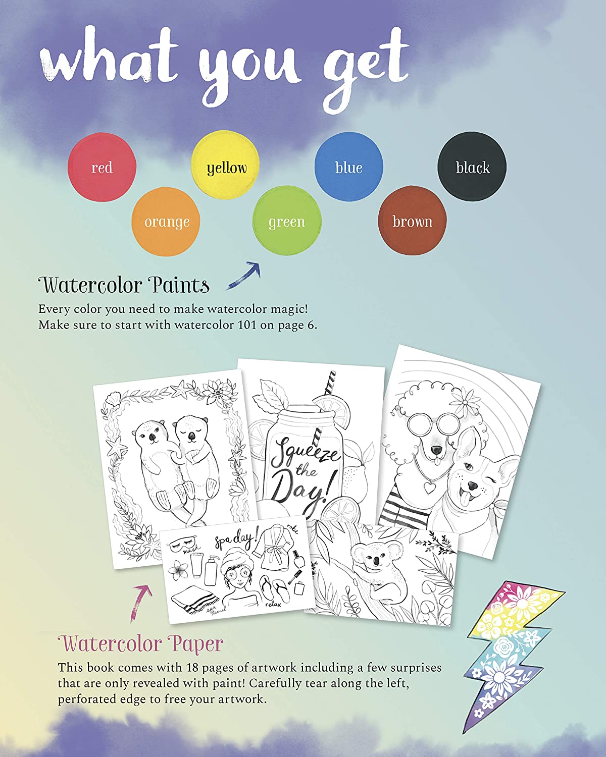 Watercolor Wonders kit includes watercolor paints, paper, and hidden design artworks for creative painting fun.