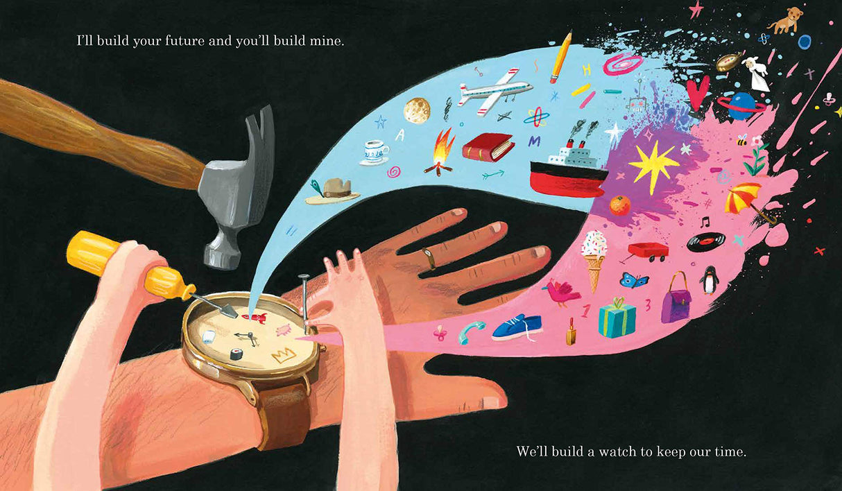 What We'll Build shows a father and child building a watch with colorful imaginative scenes emerging.
