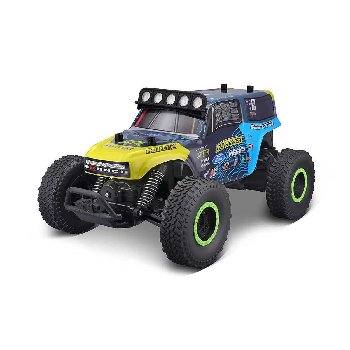 RC Ford Bronco Brocky off-road RC car with detailed design, large tires, and 2.4 GHz remote control for ages 8 and up.