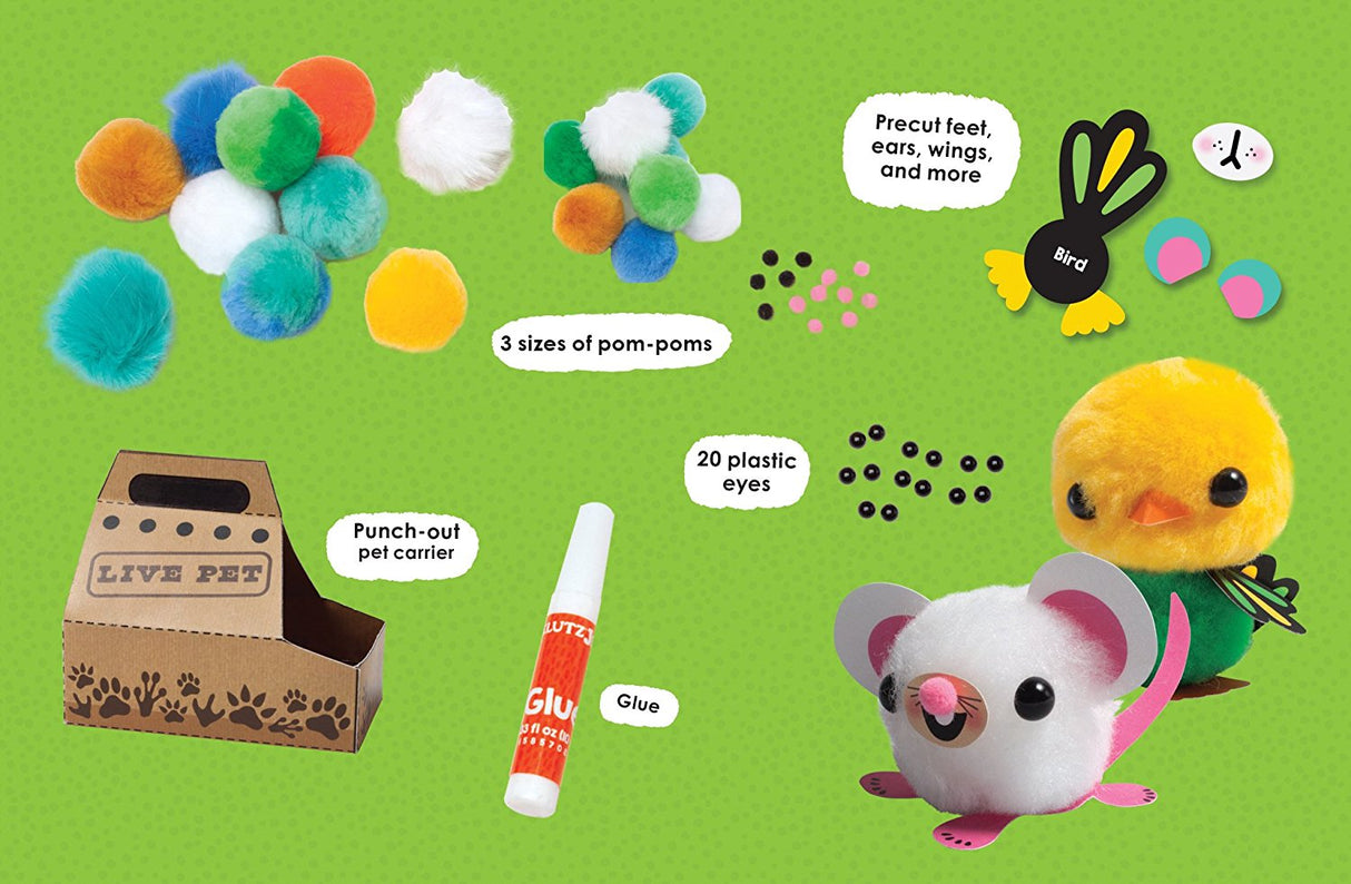 Jr My Pom Pom Pet Shop kit with colorful pom-poms, glue, punch-out pet carrier, and craft pieces for kids.