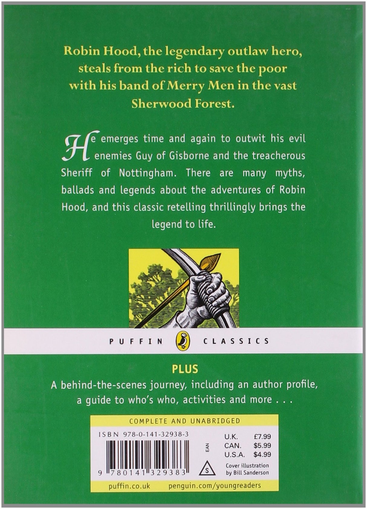Back cover of The Adventures of Robin Hood showing a green background with text and a hand holding an arrow illustration.