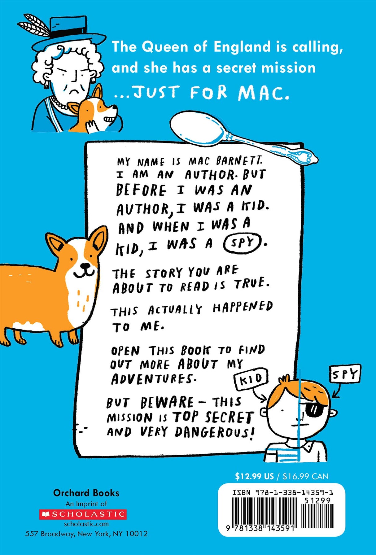 Back cover of Mac B Kid Spy #1: Mac Undercover showing an illustrated note from Mac Barnett and a corgi dog.