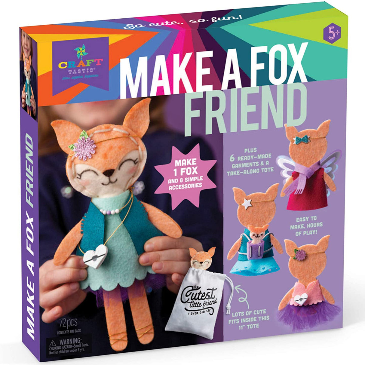 Make A Fox Friend craft kit featuring a cute fox stuffie with dress-up clothes and accessories for kids.