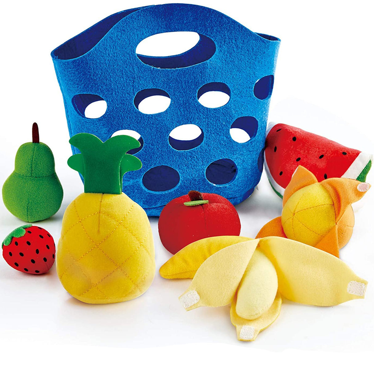 Fruit Basket with soft felt fruits including pineapple, banana, strawberry, watermelon, apple, pear, and orange in a blue basket.