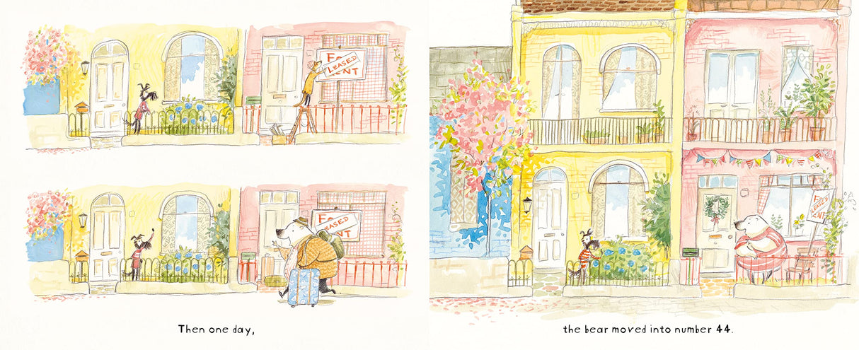 Illustration from Norton and the Borrowing Bear showing cozy neighborhood homes and characters in a friendly setting.