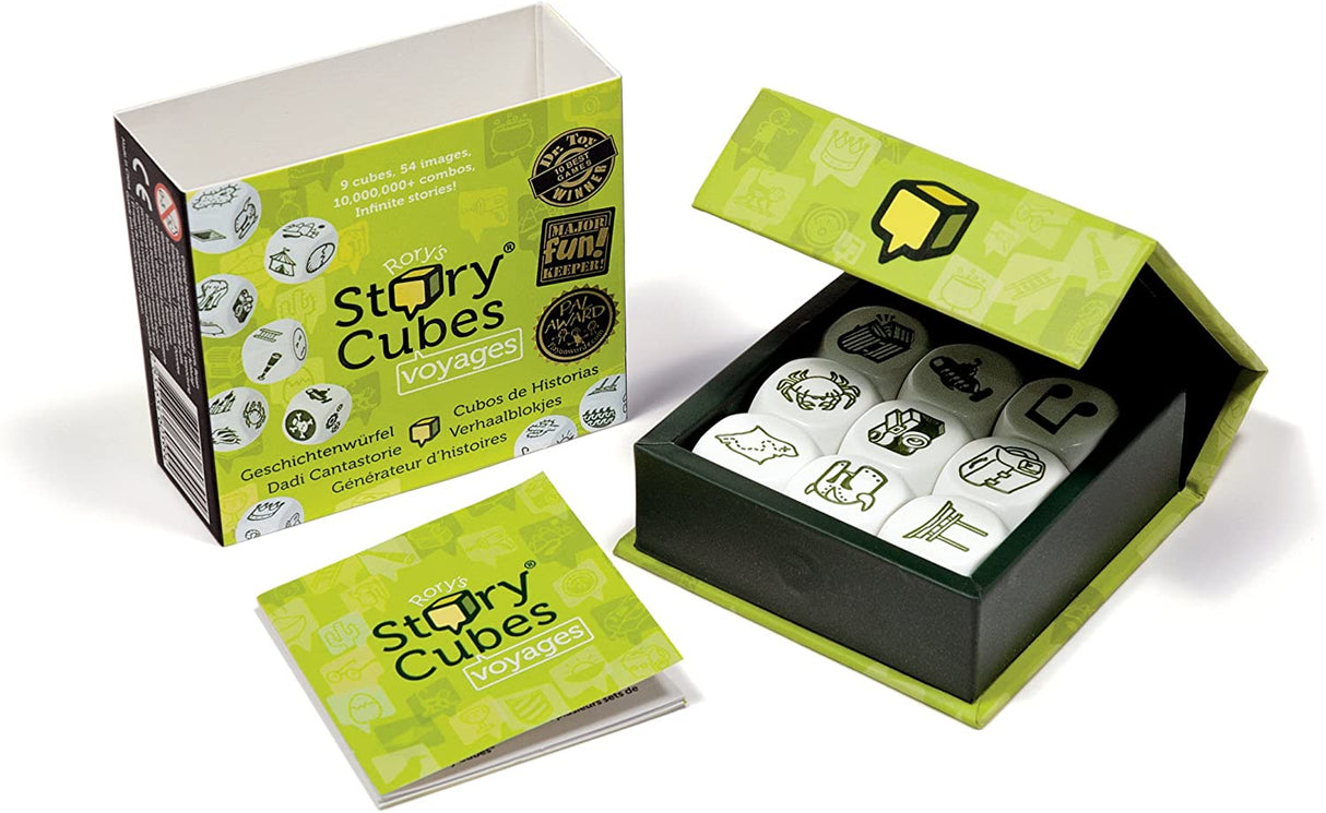 Rory's Story Cubes | Voyages with magnetic box and dice featuring travel-themed symbols for creative storytelling on the go.