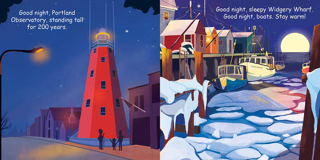 Good Night Portland Maine shows Portland Head Light and snowy Widgery Wharf with boats at night.