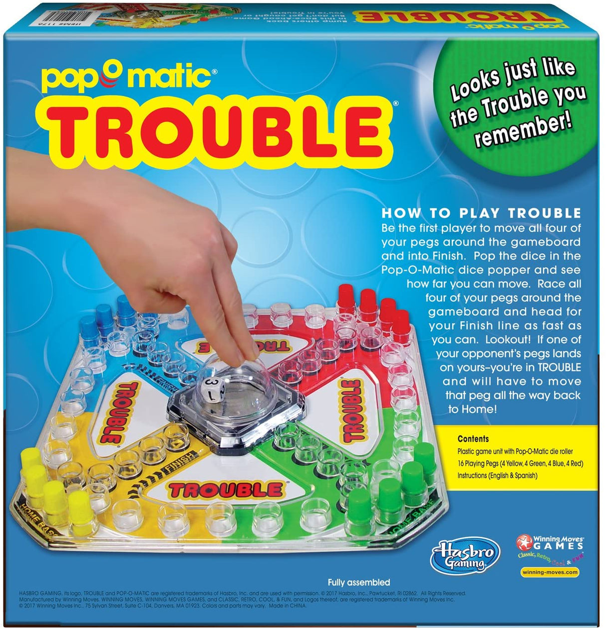 Trouble board game with Pop-O-Matic roller, colorful pegs, and race-to-finish gameplay perfect for family fun.