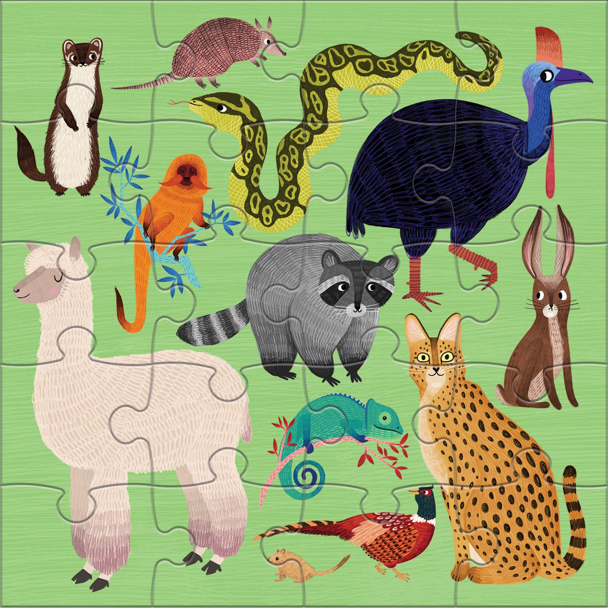 20pc Land & Sea Animals Magnetic Puzzle showing colorful completed land animal puzzle pieces on a green background.