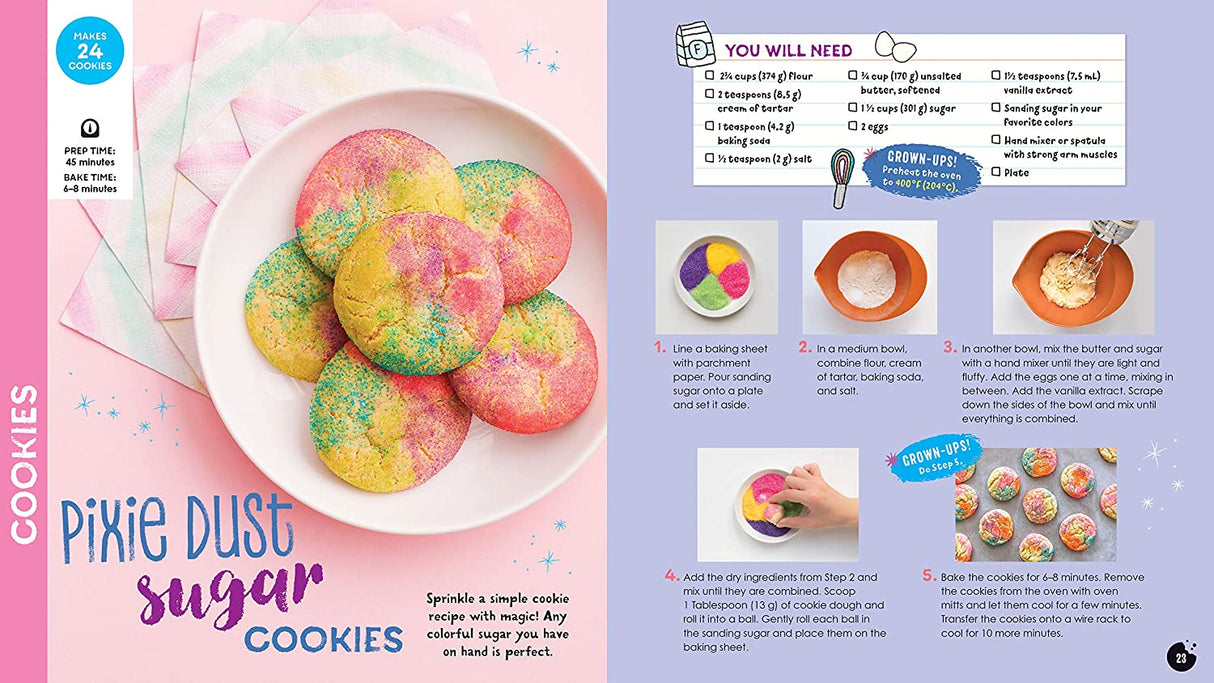 Kids Magical Baking pixie dust sugar cookies on plate with colorful sprinkles and step-by-step recipe instructions.