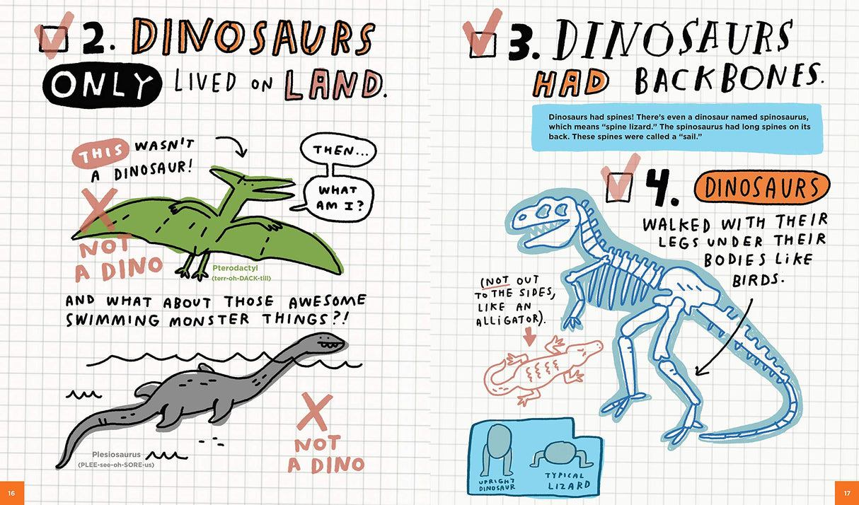 Everything Awesome About Dinosaurs book pages showing fun dinosaur facts with colorful, comic-style illustrations.
