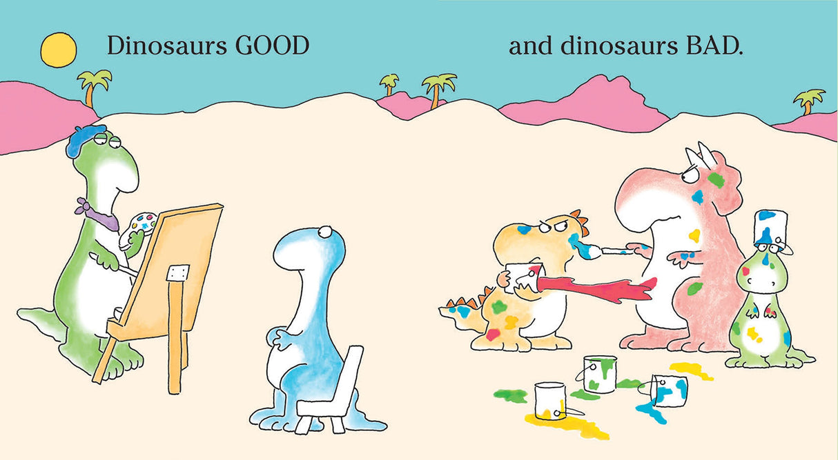 Oh My Dinosaurs" board book illustration showing dinosaurs painting and interacting in a colorful desert scene.