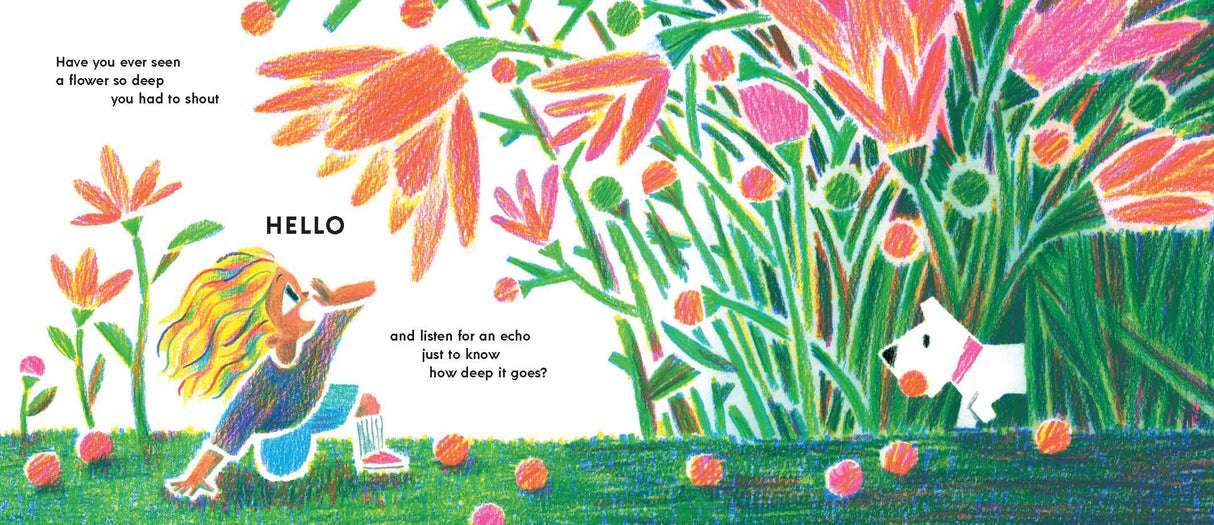 Illustration from Have You Ever Seen a Flower? showing a child exploring colorful flowers and nature up close.