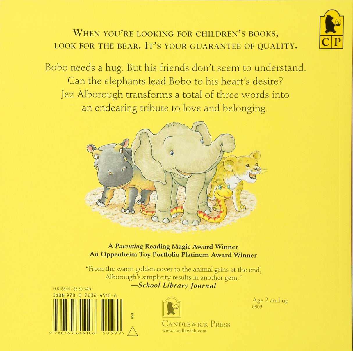 Back cover of Hug featuring illustrated jungle animals including an elephant, hippo, lion, and snake on a yellow background.