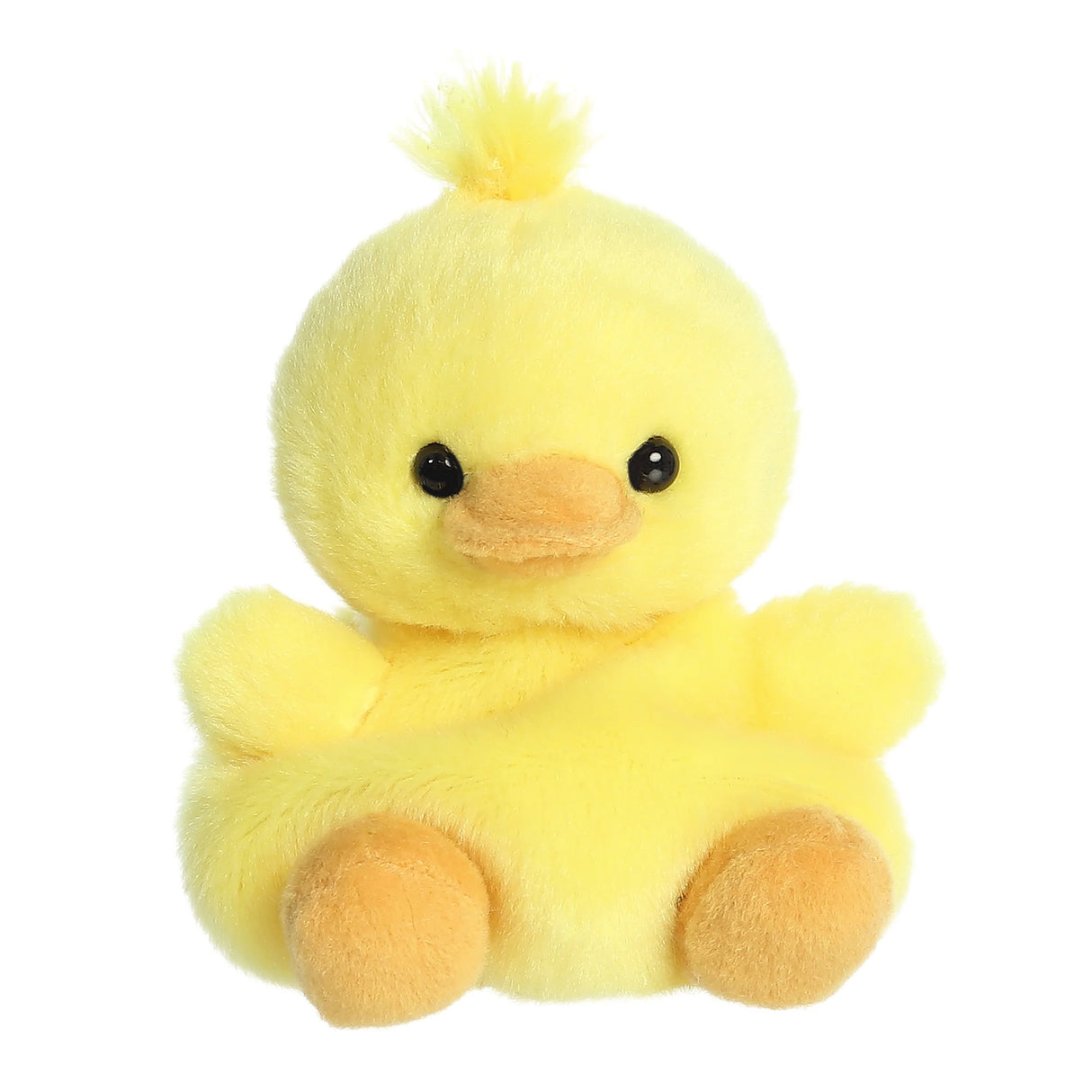 Palm Pals Darling Duck plush toy in bright yellow with soft, fluffy texture and bean pellets for stability and comfort.