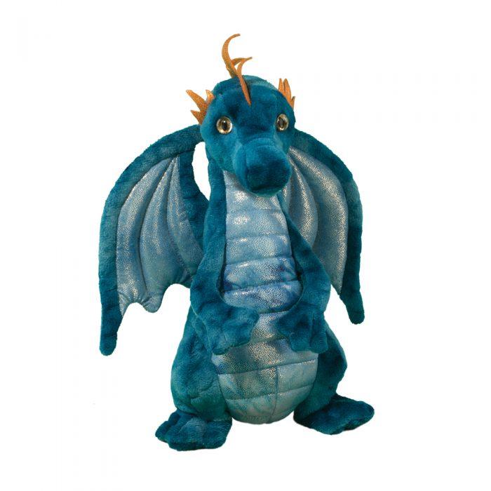Dragon Zander plush toy in blue with tie dye wings and copper spikes, standing 12 inches tall.