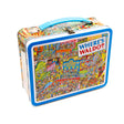 Where's Waldo Tin Fun Box with colorful retro embossed art, metal latch, and collapsible blue handle, perfect for collectible storage.