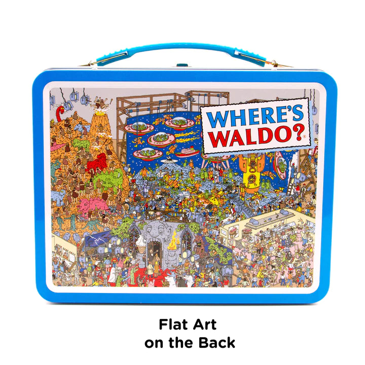 Where's Waldo Tin Fun Box featuring colorful flat art on the back with a sturdy blue handle for easy carrying.