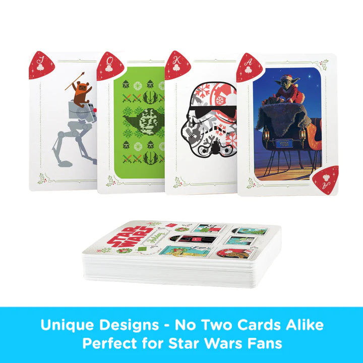 Star Wars Christmas Playing Cards featuring festive Star Wars characters and holiday-themed designs in a standard poker size deck.
