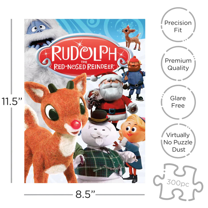 300pc Rudolph VHS Puzzle featuring classic Rudolph characters with premium quality and precision fit for holiday fun.