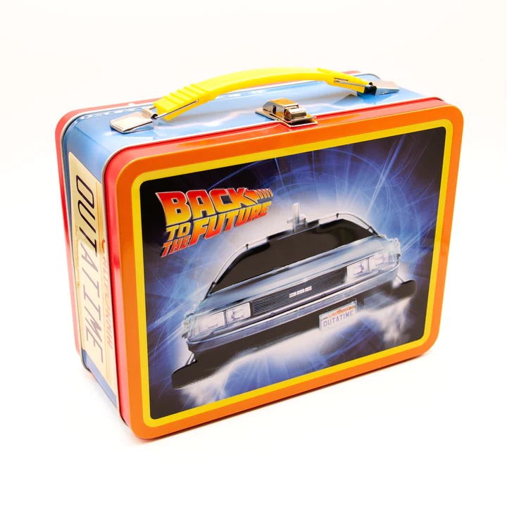 Back to the Future Tin Fun Box with DeLorean car artwork, metal latch, and yellow handle for collectible storage.