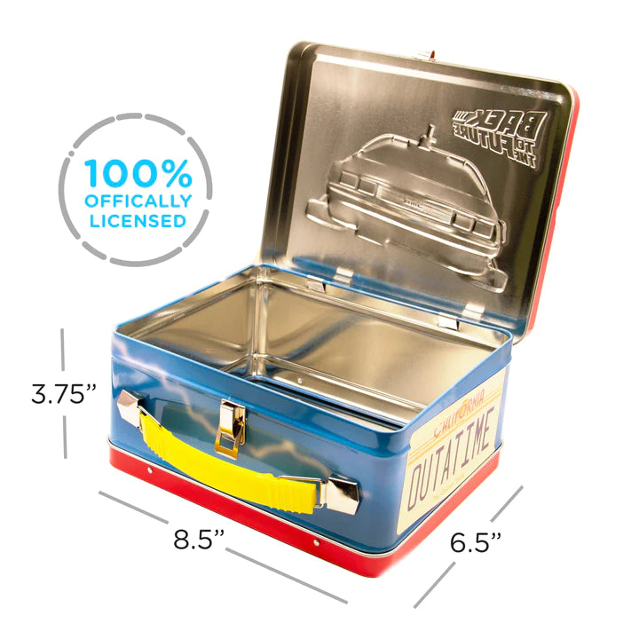 Back to the Future Tin Fun Box metal storage with embossed DeLorean lid, yellow handle, and OUTATIME license plate design.