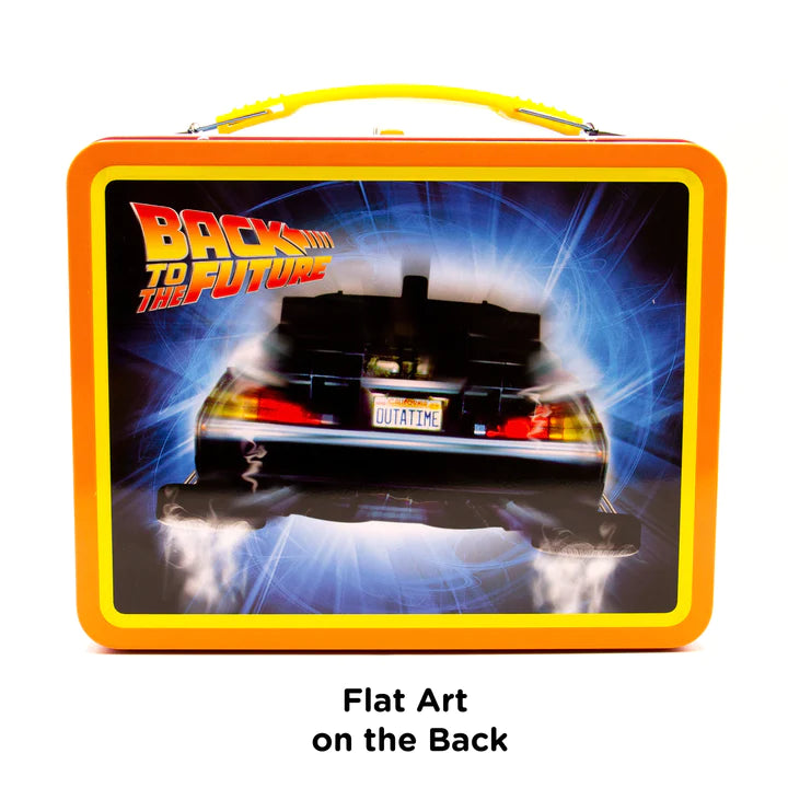 Back to the Future Tin Fun Box showing the DeLorean with OUTATIME plate and flat art design on the back with yellow handle.