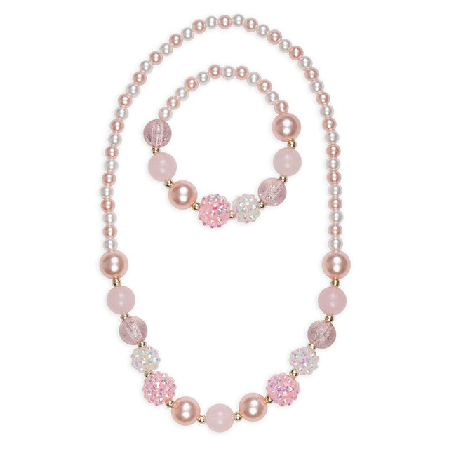 Pinky Pearl Necklace & Bracelet Set with matte pink, iridescent chunky, and classic white pearl beads for ages 3+