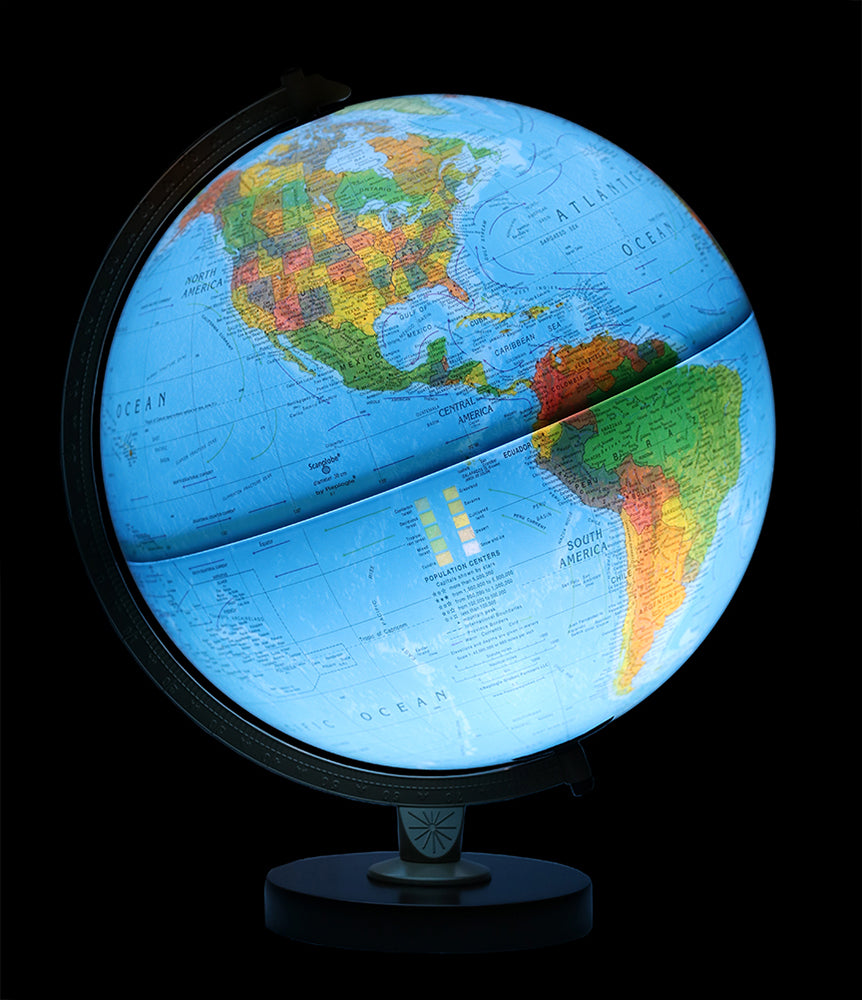 Livingston Light-Up Globe illuminated with political map showing North and South America on hardwood base